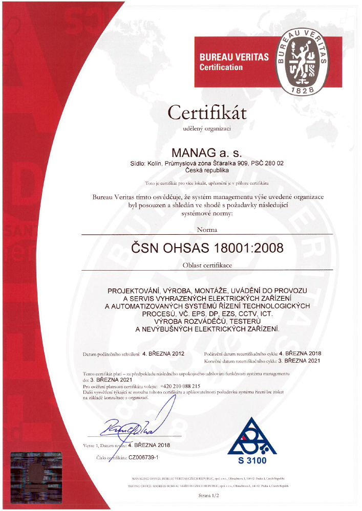 Náhled certifikátu ČSN OHSAS 18001 společnosti Manag Machines