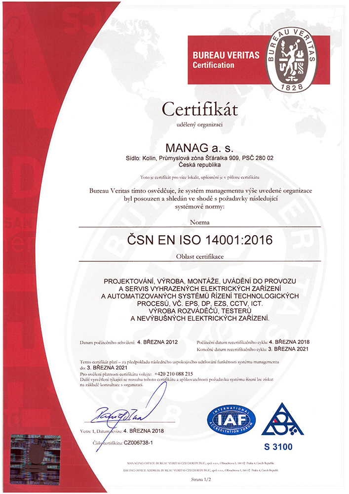 Náhled certifikátu ČSN EN ISO 14001 společnosti Manag Machines