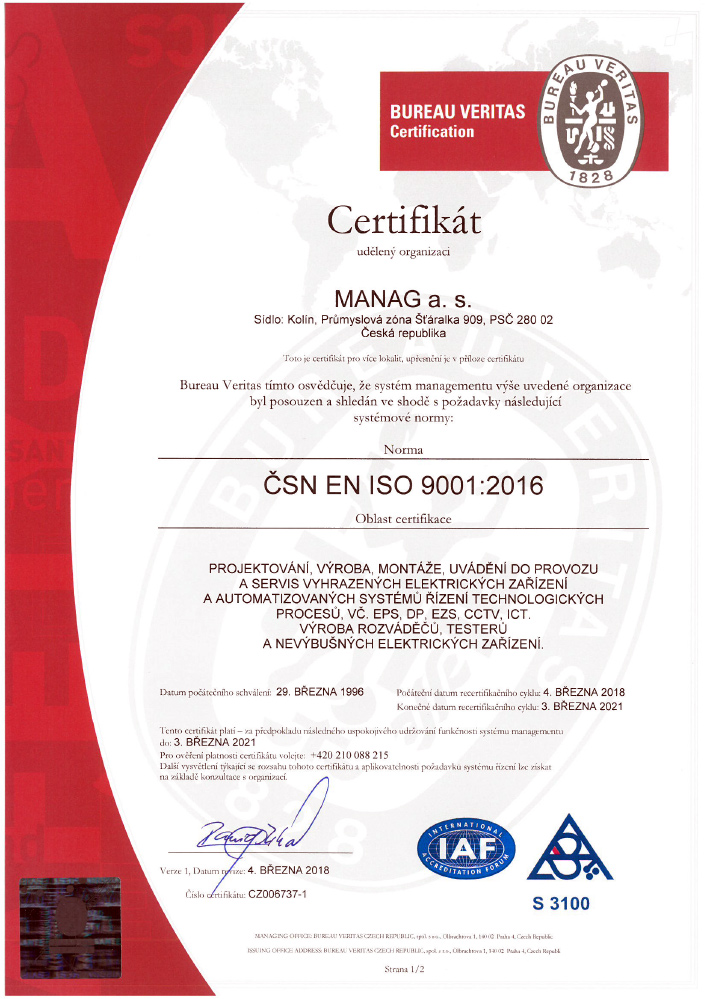 Náhled rertifikátu ČSN EN ISO 9001 společnosti Manag Machines